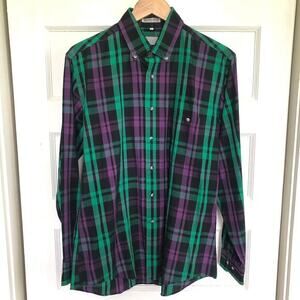 VTG 70s Parkshire Plaid Button Down Dress Shirt L Green Purple Korea Retro Prep‎